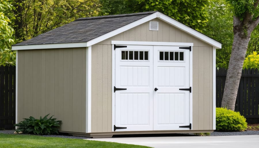 Interior of organized 9x12 shed converted into functional craft business workshop