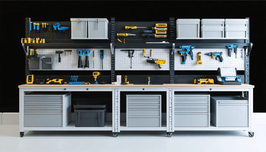 Custom-designed workshop workbench with integrated storage and organized tools
