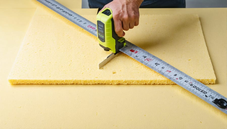 Hands cutting rigid foam insulation board with utility knife during shed floor installation