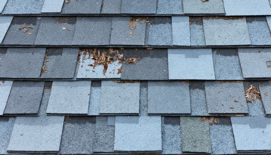 Close-up of damaged asphalt shingles on shed roof showing curling and water damage
