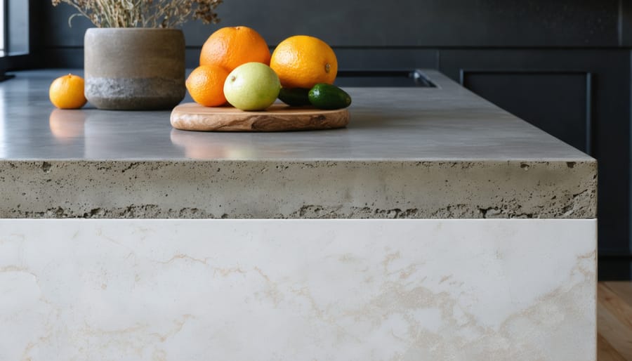 Close-up of person creating DIY concrete countertop for outdoor kitchen