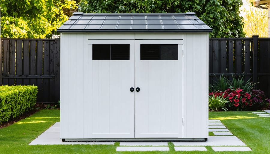 Homeowner installing smart control hub device on shed wall