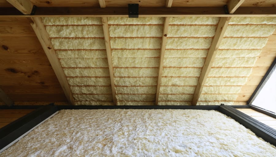 Person installing foam insulation board on interior shed wall during DIY project