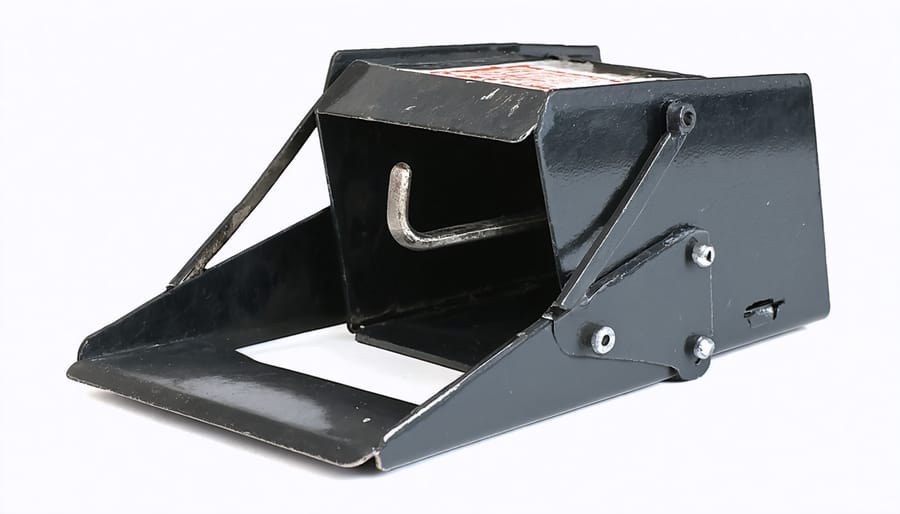 Wooden snap trap with caught rodent positioned near shed foundation