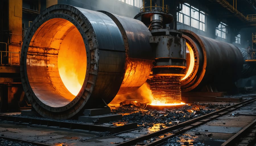 Recycled steel scrap being processed in electric arc furnace with visible electric arcs