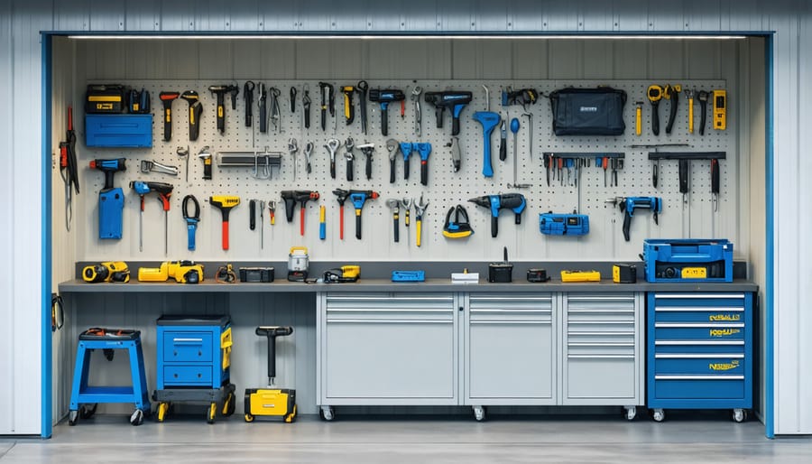 Interior view of organized workshop shed with electrical lighting and power tools on walls