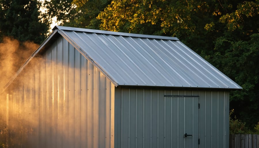 Close-up of a shed corner with standing seam metal roofing and metal flashing as glowing embers drift by, lit by warm golden-hour light, with a blurred gravel defensible space, distant trees, and a firewood stack stored far from the structure.