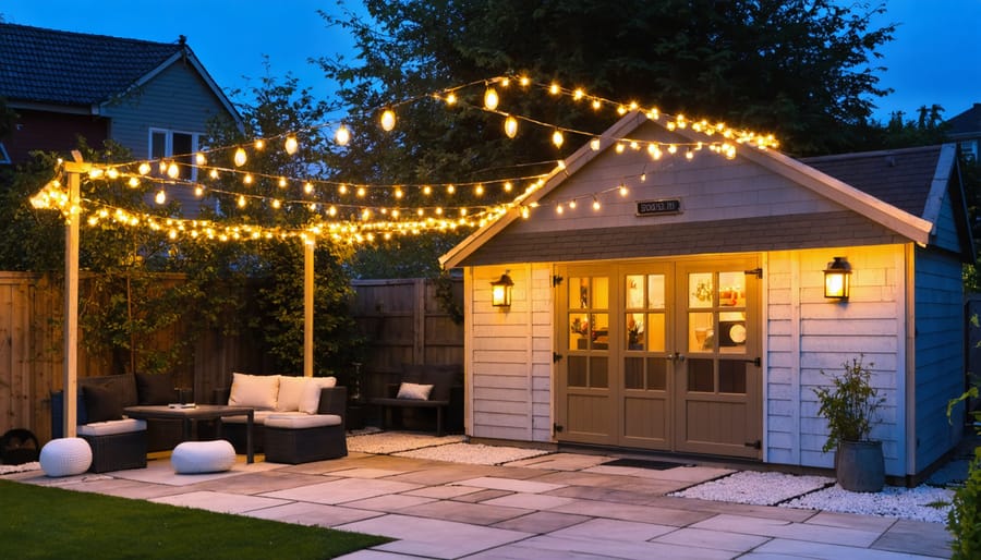 Backyard at dusk with a modern wooden shed illuminated by overhead string lights, mid-level wall sconces, and low path lights leading to the door, with patio seating and trees softly visible behind.