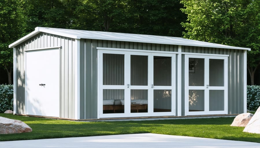 Extension shed attached to house with open doors showing organized interior storage