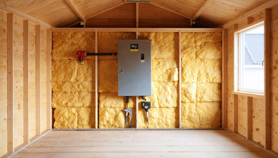 Eye-level view inside a wooden shed showing mineral wool insulation between wall studs and a metal heat shield around an electrical panel, with neatly stored tools softly blurred in the background under warm side lighting.