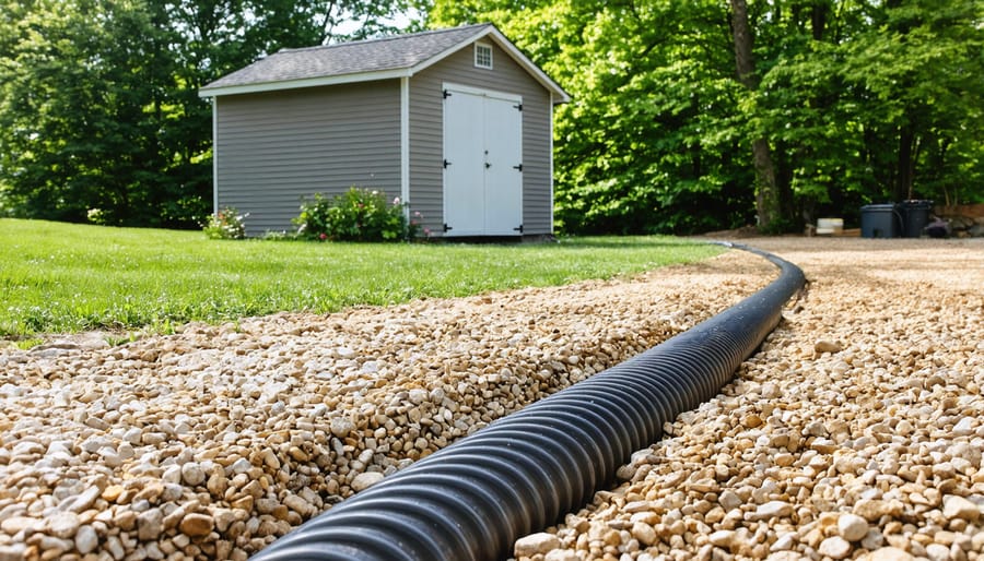 Close-up of French drain pipe installation with landscape fabric and gravel