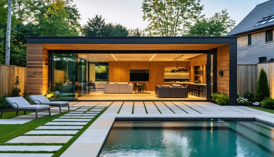 Luxurious cedar-and-steel backyard pavilion with large sliding glass doors facing a stone terrace and plunge pool at golden hour, with the main house and manicured garden softly blurred in the background.