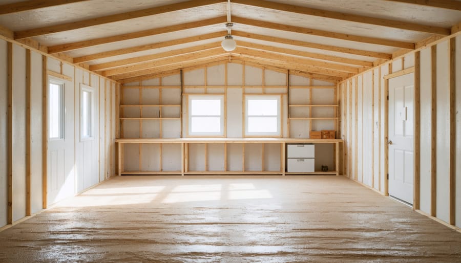 Well-insulated shed interior showing complete floor insulation and organized workshop space