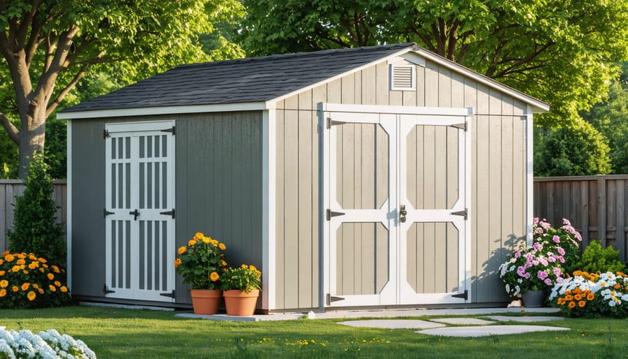 Wooden garden shed in intense summer sunlight with visible heat shimmer above roof