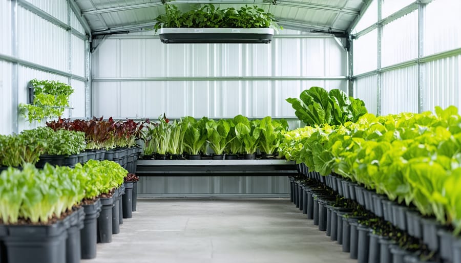 Modern storage shed with open door showing hydroponic growing system with green plants under LED lights inside