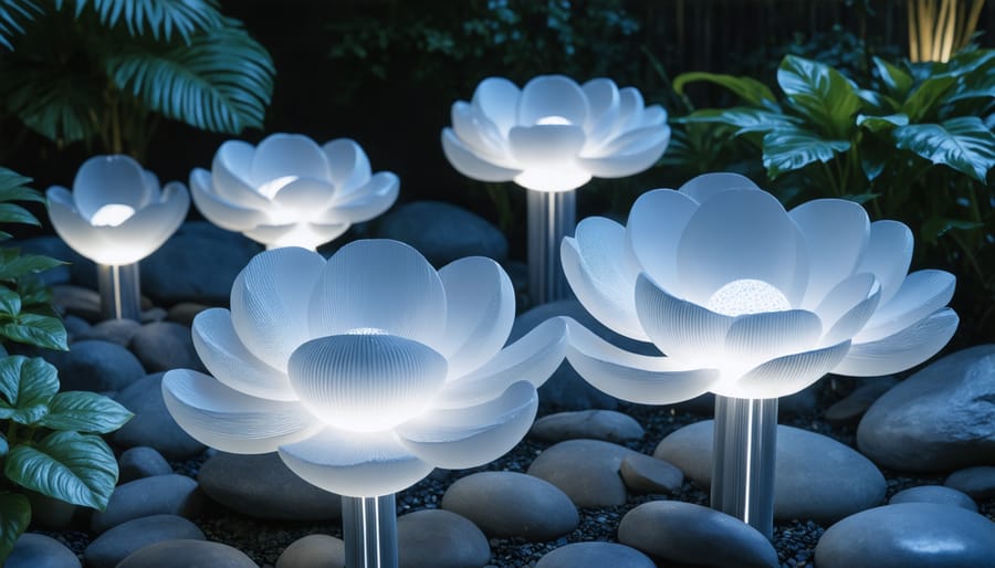 Illuminated LED sphere sculptures in various sizes glowing in backyard garden at dusk