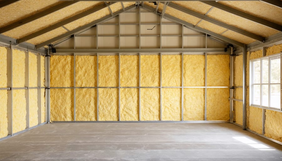 Contractor installing fire-resistant insulation between wall studs in storage shed