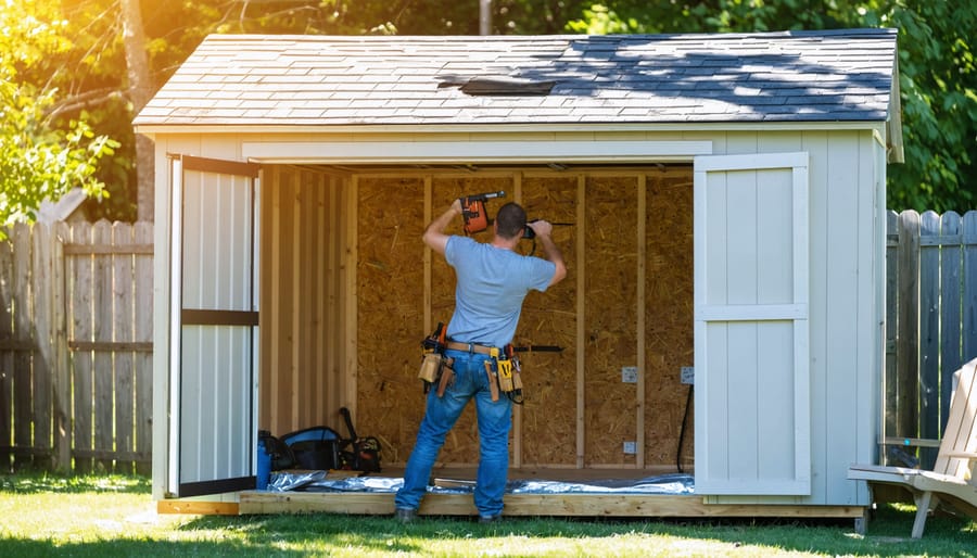 Person stapling reflective foil insulation to the interior roof of a wooden backyard shed on a sunny day, with green lawn and trees softly blurred in the background.