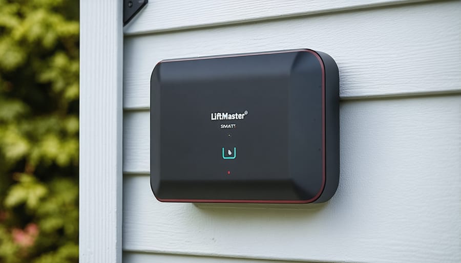 LiftMaster smart hub control device mounted on wooden shed wall