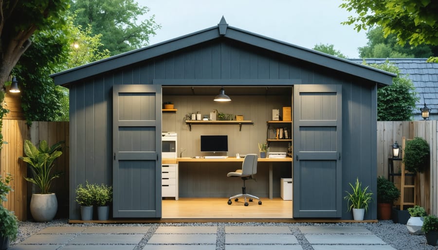 Interior of garden shed with LED strip lighting illuminating workbench and tools