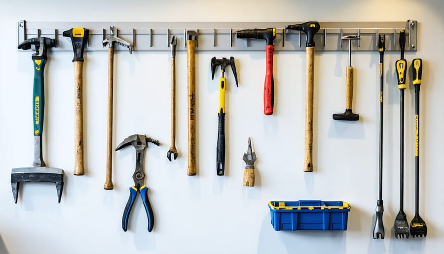 Long-handled garden tools organized on wall-mounted rack system