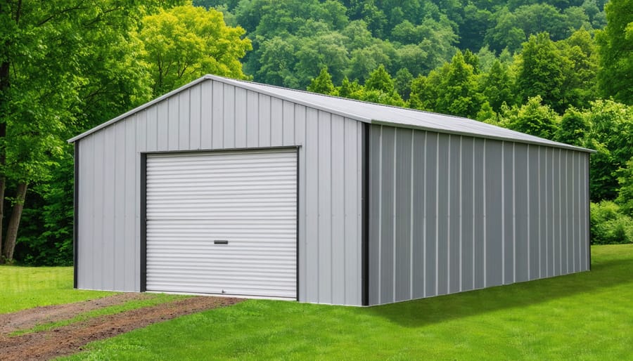 Modern metal storage shed in residential backyard setting