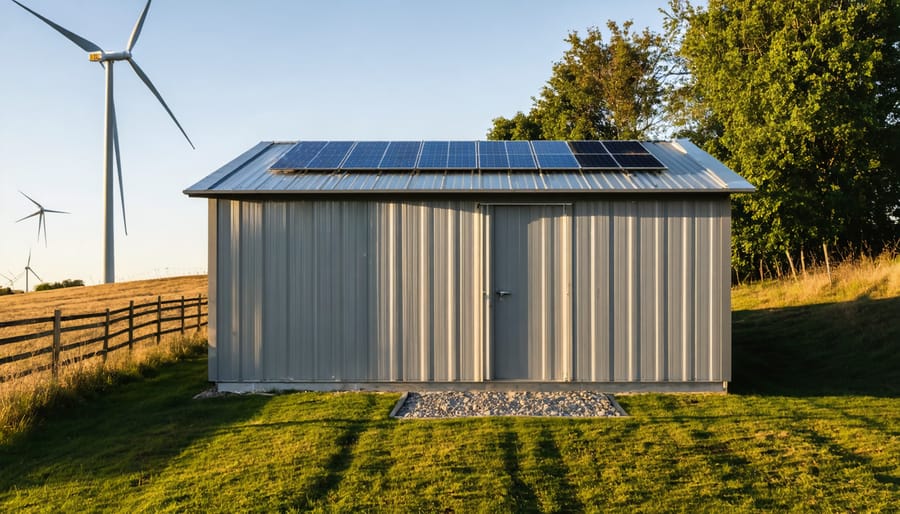 Eye-level view of a gray corrugated steel backyard shed on a gravel pad, framed by native plants, with solar panels on a nearby roof and a distant wind turbine in warm evening light.