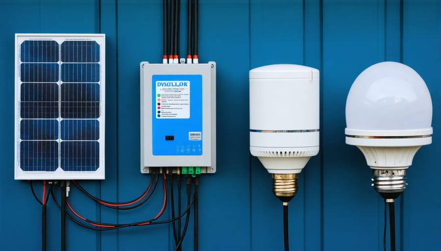 Low-voltage system components including solar panel, battery, charge controller, and LED lights on workbench