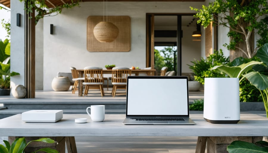 Modern mesh WiFi router on desk with indicator lights