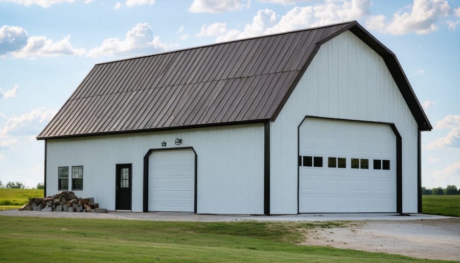 Backyard shed with fire-resistant metal roofing installed