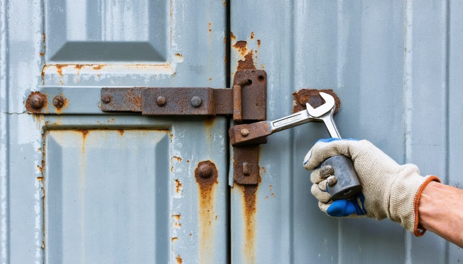 Close-up, eye-level view of a weathered metal shed door showing light rust near the hinges and bottom edge, a heavy-duty hasp with a hardened padlock installed, and a gloved hand tightening a hinge bolt; blurred backyard fence and grass under soft overcast light.