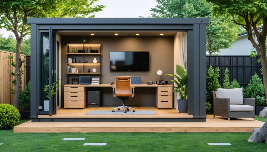 Modern gray modular shed office with windows in backyard garden setting