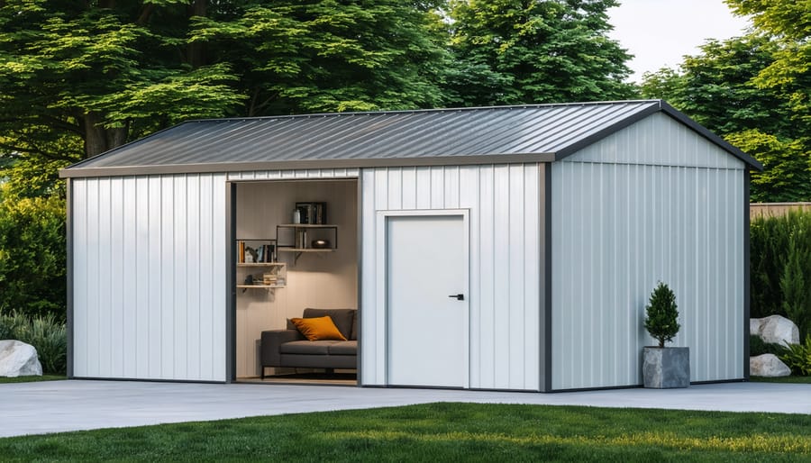 Close-up of modular shed construction showing bolt connections and metal brackets on wooden panels