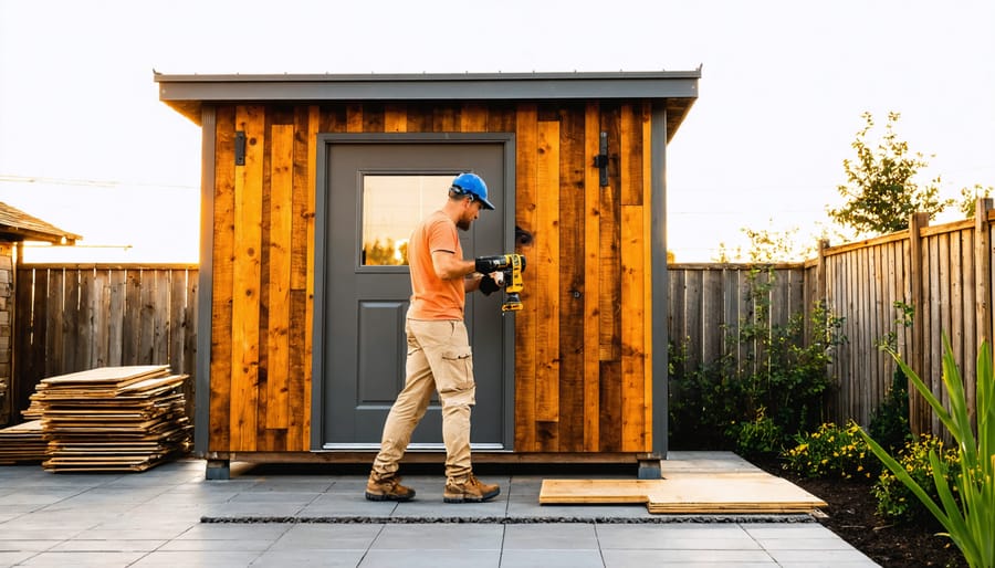 Homeowner using a drill to attach an interchangeable wall panel on a modular shed made of reclaimed wood with a recycled metal roof, with a garden, reclaimed boards, and removable shelving softly blurred behind.