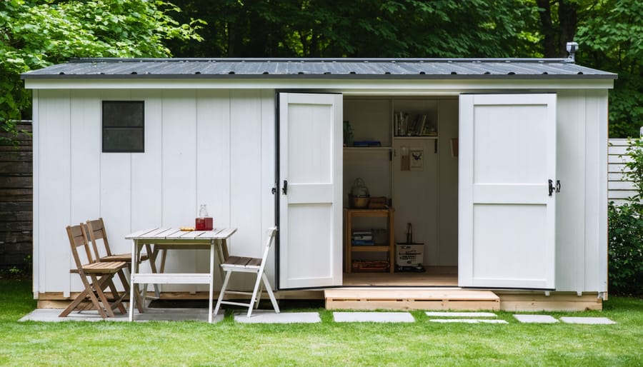 Collection of weather-resistant outdoor furniture including folding table, stackable chairs, and storage bench in shed setting