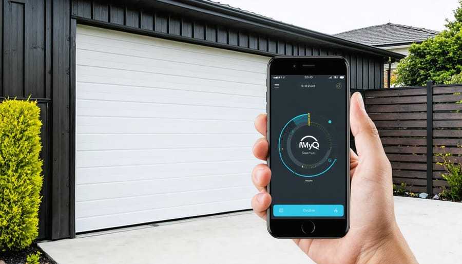 Person using smartphone app to control motorized shed door remotely