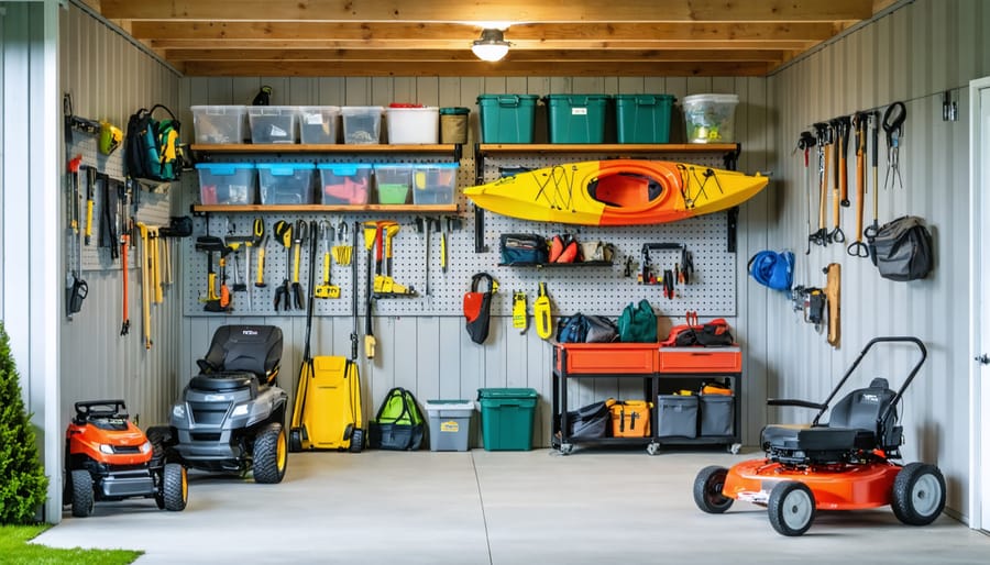 Organized shed interior with pegboard and slatwall holding tools, heavy-duty shelves with clear storage bins, overhead racks carrying a kayak and camping gear, and open floor space with a lawnmower and wheelbarrow, seen from the doorway in soft natural light.