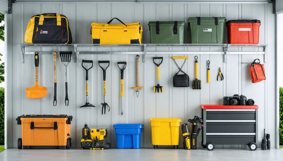 Organized storage shed interior showing pegboard, shelving units, and wall-mounted tool storage