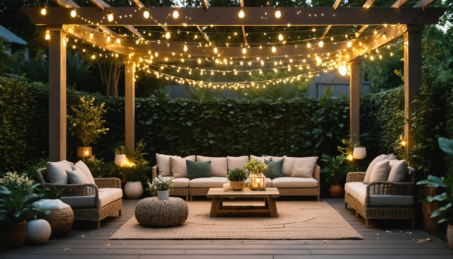 Backyard patio illuminated with artistic string light canopy creating warm ambient glow at twilight