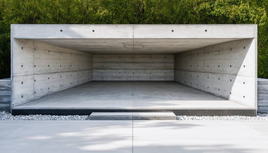 Modular outdoor office shed on concrete foundation pad in residential backyard