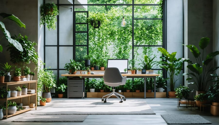 Interior of outdoor office showing desk setup with laptop near large window with natural light