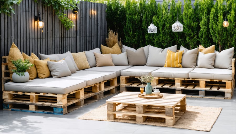 Handmade wooden pallet bench with cushions on outdoor patio