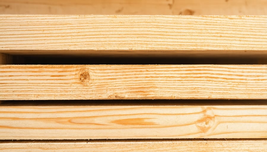 Stack of pressure-treated lumber boards showing characteristic treatment and quality