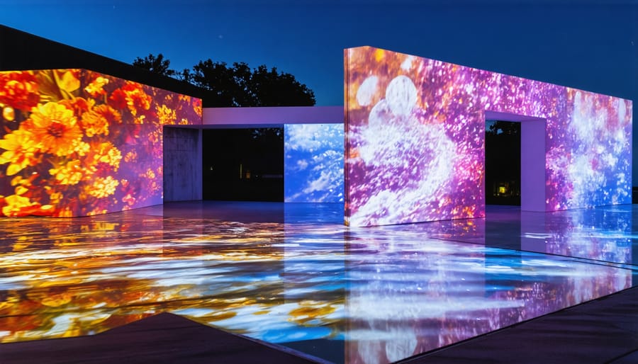 Garden shed with colorful projected pattern lighting creating artistic shadow effects on exterior walls