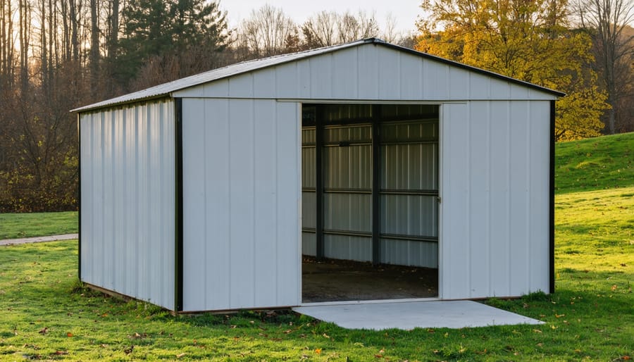 Modern metal storage shed with corrugated steel siding in residential backyard setting