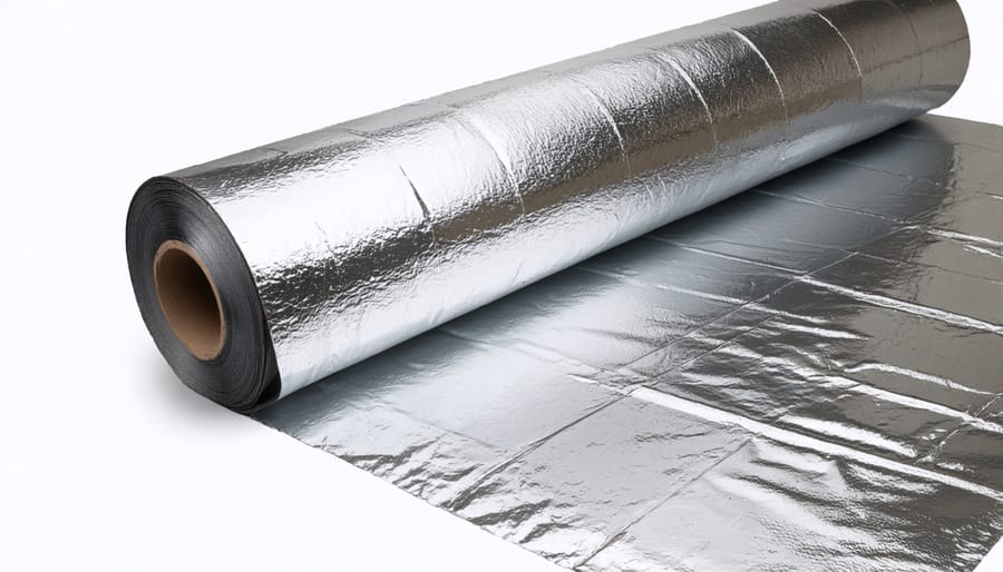 Roll of reflective foil insulation material showing aluminum surface and bubble layer