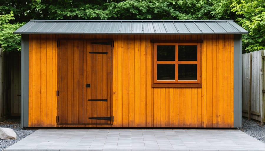Overhead view of organized shed materials including wood panels, metal components, and fasteners ready for reassembly
