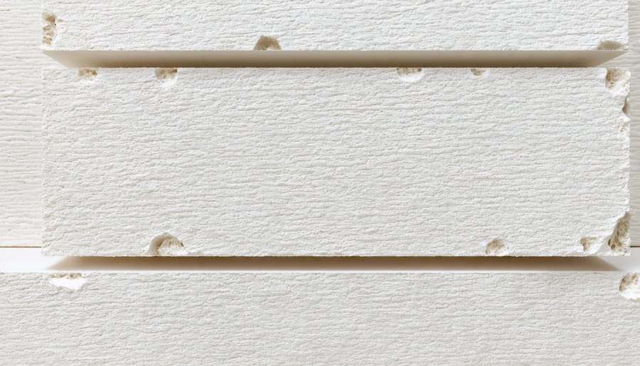 Blue rigid foam insulation boards installed between wooden floor joists in shed