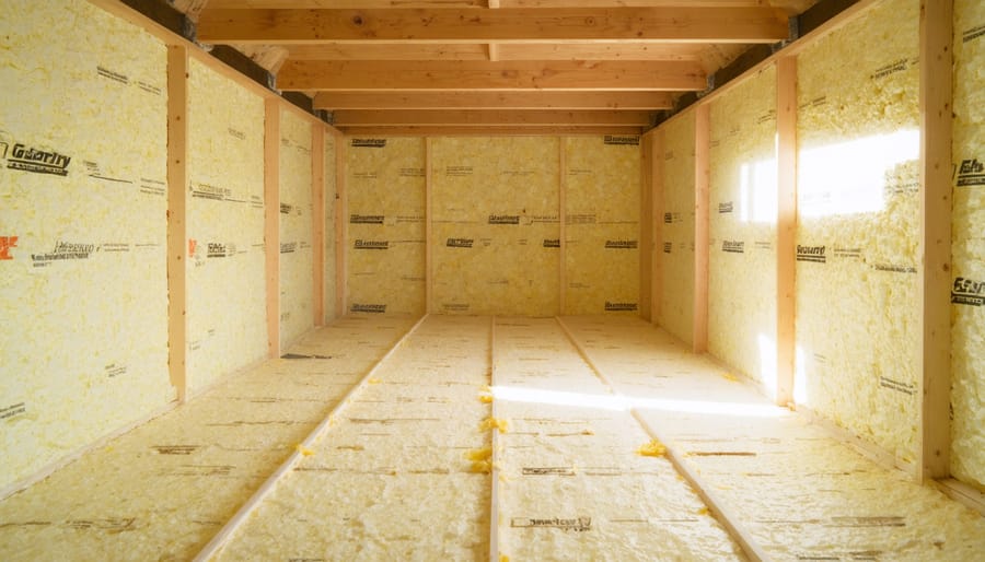 Rigid foam insulation boards installed between wooden floor joists in shed construction