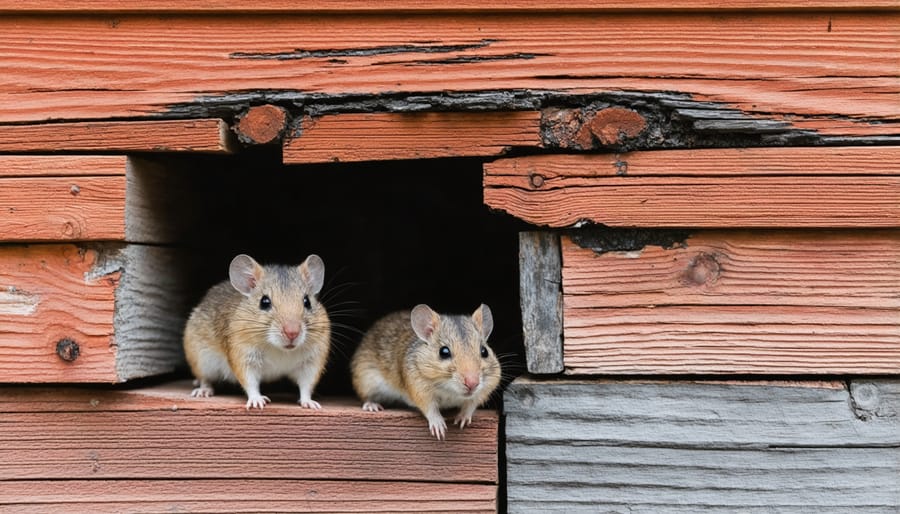 Garden shed foundation showing rodent damage with gnaw marks and entry holes